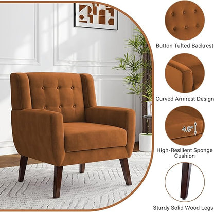 Lumibee Accent Chair, Modern Velevet Armchair for Living Room, Comfy Upholstered Arm Chair Tufted for Indoor Bedroom Office Room (Orange Velvet)