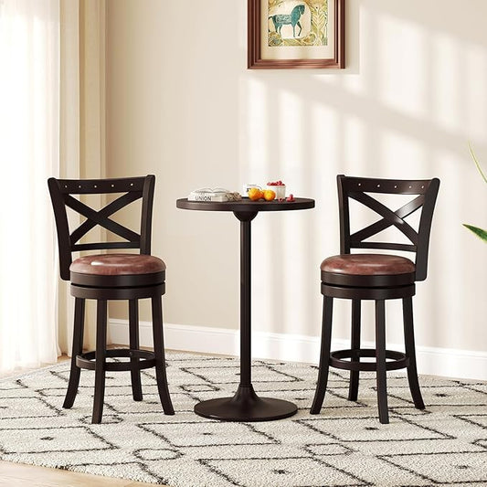 COSTWAY Bar Stools Set of 2, 26" Swivel Counter Height Bar Chairs with Copper Nails, Upholstered Seat, X-Shaped Backrest, Solid Rubber Wood Frame, for Kitchen Island Pub Bar