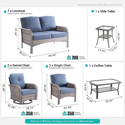 7 PCS Patio Outdoor Furniture Set with Swivel Rocking Chairs,All Weather Wicker Rattan Patio Seating Sofa and Chairs Set,Outdoor Conversaiton Sets for Deck Yard Prrch Garden Poolside,Blue