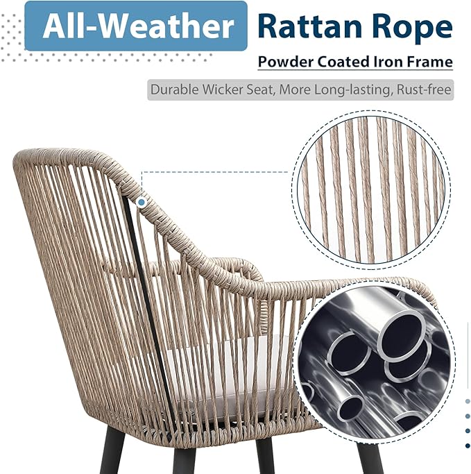 JOIVI Outdoor Dining Chairs Set of 6, 6 Pieces Woven Rope Patio Chairs with Armrest and Seat Cushions for Outside Porch, Balcony or Indoor Dining Kitchen, Restaurant, Tan