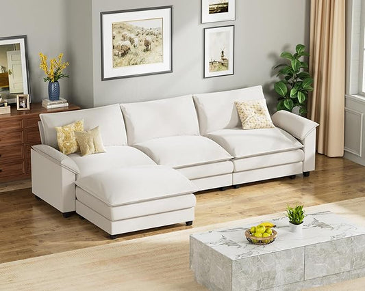 Homall Modular Sectional Sofa, Loveseat Sofa Couch with Reversible Ottoman, DIY Combination Chenille Deep Seat Cloud Couch for Living Room, Apartment (White, L Shaped Sofa)