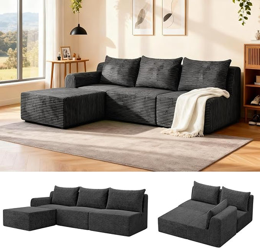 JSLOVE Modular L-Shape Sectional Sofa with Chaise, 3 Seat Movable Boneless Cloud Couch in One Box, Sofa Couch Bed with Ultra-Soft Corduroy Fabric, No Assembly Required for Living Room, Bedroom(Black)
