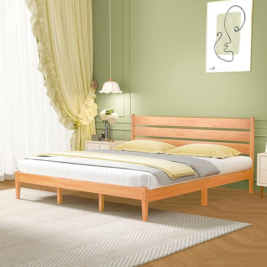 Solid Wood King Size Bed Frame with Ladder Headboard, Malaysian Oak Platform Bed Frame, Modern Bedframe with Wooden Slats, No Box Spring Needed, Easy Assembly, King Size, Rustic Pine