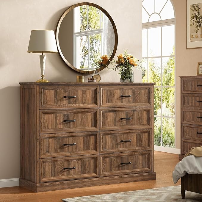 CARPETNAL Farmhouse Dresser and Nightstand Sets for Bedroom, 4 Pcs Bedroom Set, 5 Drawer & 8 Drawer Dresser and Nightstand Set of 2, Wood Chest of Drawers for Living Room, Entryway, Brown