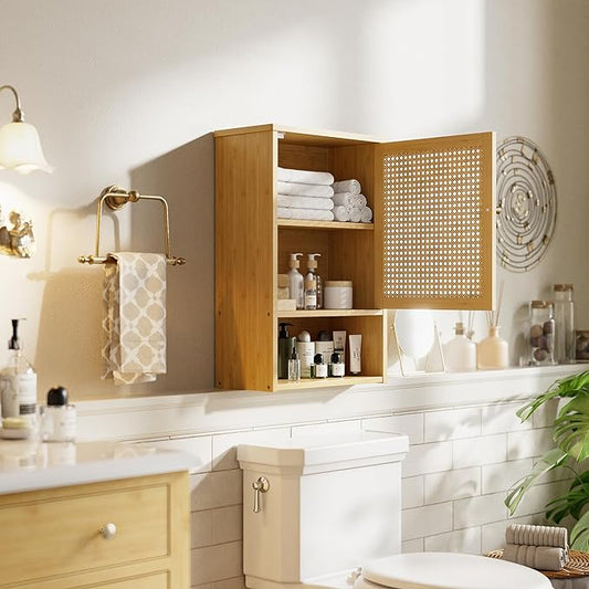 Bathroom Wall Cabinet, Bamboo Over-The-Toilet Storage Organizer with Rattan Doors and Adjustable Shelf, Space Saver Medicine Cabinet for Laundry, Kitchen, Living Room (Natural)