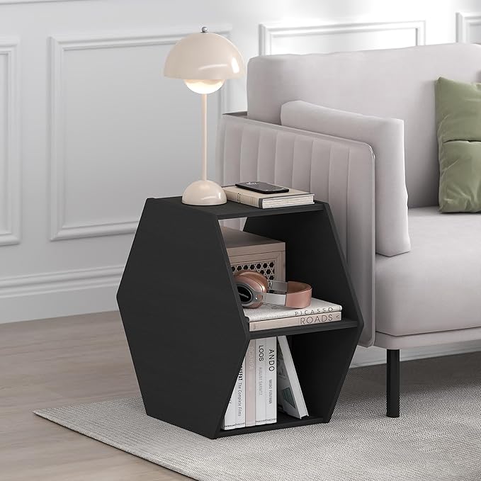 Furinno Simple Design Coffee Table, Hexagon Modern Coffee Table with Open Shelf, Vertical or Horizontal Side Table, for Living Room, Bedroom, Home Office, Americano