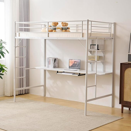 Karl home Twin Loft Bed with Desk and Storage Shelvs,Twin Bunk Bed with Desk for Kids Teens Adults, Saving Space,No Box Spring Needed, Non-Noice, White