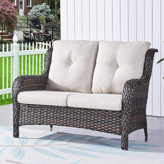 HUMMUH 6 Piece Patio Furniture Set PE Wicker Rattan 3-Seat Outdoor Sectional Sofa with Love Seats,Patio Swivel Chairs,Ottomans Conversation Sets for Garden, Poolside, Backyard