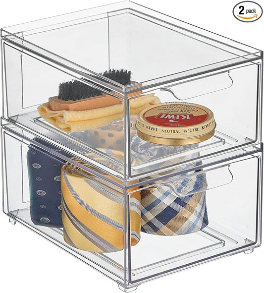mDesign Stackable Storage Containers Box with 2 Pull-Out Drawers - Stacking Plastic Drawer Bins for Closet Organization, Linen, Coat, Bedroom or Entryway Closets - Lumiere Collection - 2 Pack - Clear