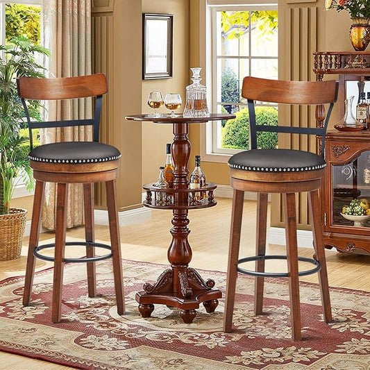COSTWAY Bar Stools Set of 2, 360-Degree Swivel Stools with Leather Padded Seat, Single Slat Ladder Back & Solid Rubber Wood Legs, Bar Height Stools for Pub, Restaurant, Kitchen, Brown (2, 30.5)