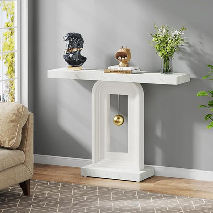 Tribesigns Modern Console Table, 40 Inches Faux Marble Sofa Table, Contemporary Entryway Table with Pendulum Shape Base for Living Room Hallway Entrance, White