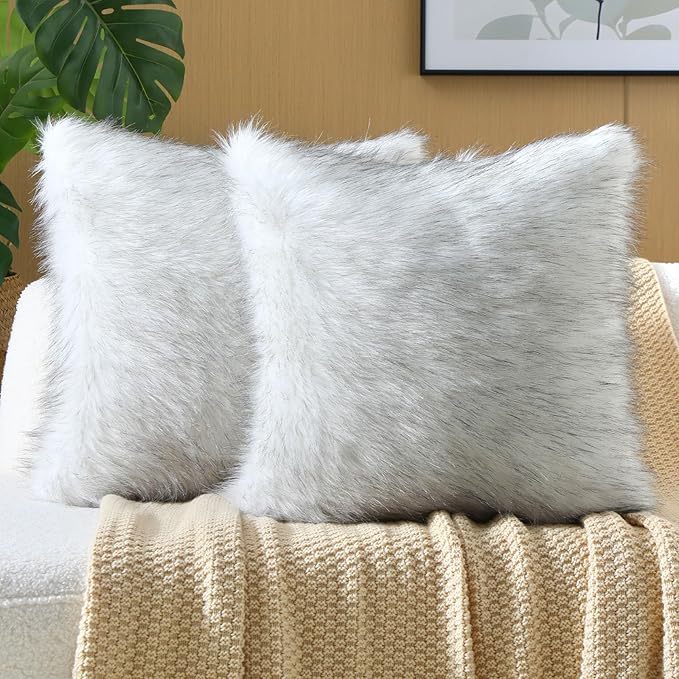 FUTEI Black White Decorative Throw Pillow Covers 20x20 Inch Set of 2,Soft Fluffy Faux Fox Fur Textured Cushion Case,Modern Home Decor for Couch Living Room
