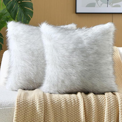 FUTEI Black White Decorative Throw Pillow Covers 22x22 Inch Set of 2,Soft Fluffy Faux Fox Fur Textured Cushion Case,Modern Home Decor for Couch Living Room
