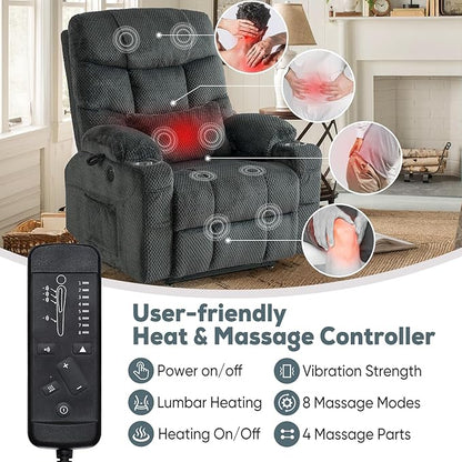 ABCASA Oversized Dual Motor Lay Flat Power Lift Recliner Chair Set of 2 for Elderly with Massage and Heat, Textile Large Recliner Chair, Lift Chairs Recliner with Lumbar Pillow, Cup Holder, Grey