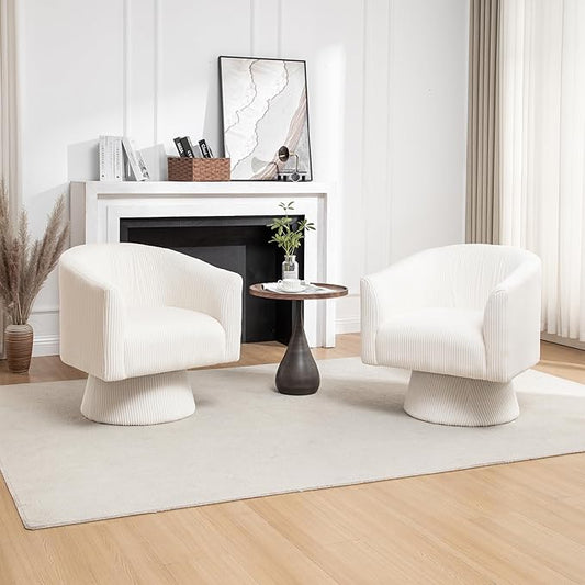 Swivel Accent Chair Set of 2, Modern 360° Swivel Barrel Chair, Corduroy Upholstered Single Sofa for Living Room, Bedroom (Beige)