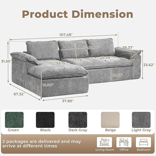 Modular Sectional Sofa, 107.5" L-Shaped Boneless Couch with Deep Seat, Modern Minimalist Upholstered Cloud Sectional Couch for Living Room Bedroom, No Assembly Required, Light Gray Chenille