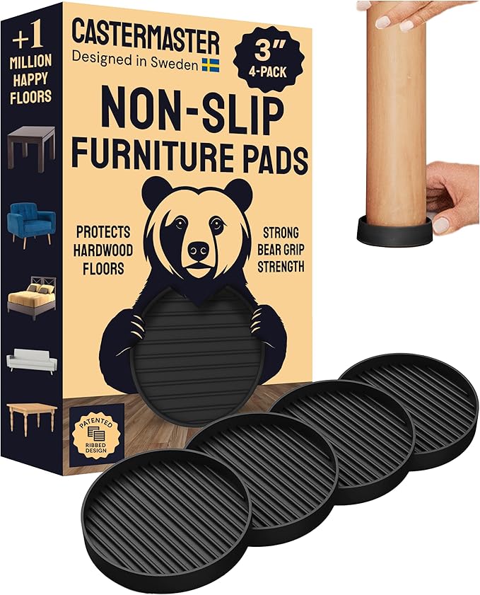 CasterMaster Non Slip Furniture Pads for Hardwood Floors - 3x3 Black Round Caster Cups - Rubber Feet for Furniture - Anti Slip Couch Stoppers to Prevent Sliding - Floor Protectors (Set of 4)