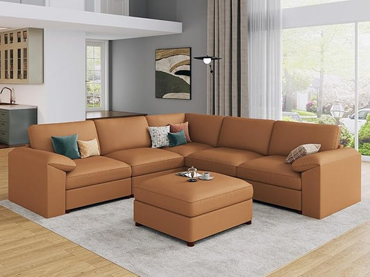 EASE MOOSE Oversized Corner Modular Sectional Sofa with Ottoman, Faux Leather Sectional Sofa with Deep Seat, Scratch Resistant Faux Leather Material, Extra Large L Shaped Couch, Brown