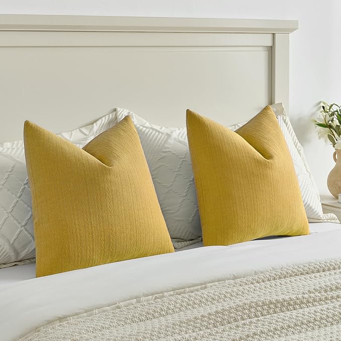 FUTEI Mustard Yellow Decorative Throw Pillow Covers 26x26 Inch Set of 2,Soft Cozy Wheat Ear Striped Patterns Euro Pillow Shams,Modern Home Decor for Couch Bed Living Room