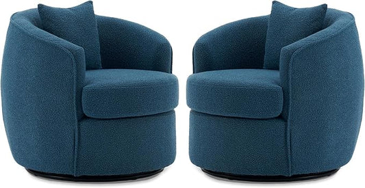 Swivel Accent Chair Set, Modern Upholstered Boucle Barrel Arm Chairs with Pillow for Living Room, 360 Degree Round Swivel Sherpa Armchair with Round Base for Bedroom Club (2, Dark Blue)