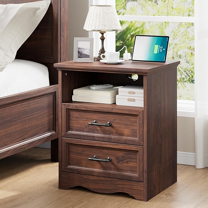 Walnut Nightstand with Charging Station, Farmhouse End Table with 2 Drawers and Open Shelf, Bedside Table with Space-Saving Storage Cabinet, Unique Base Design for Bedroom, Living Room