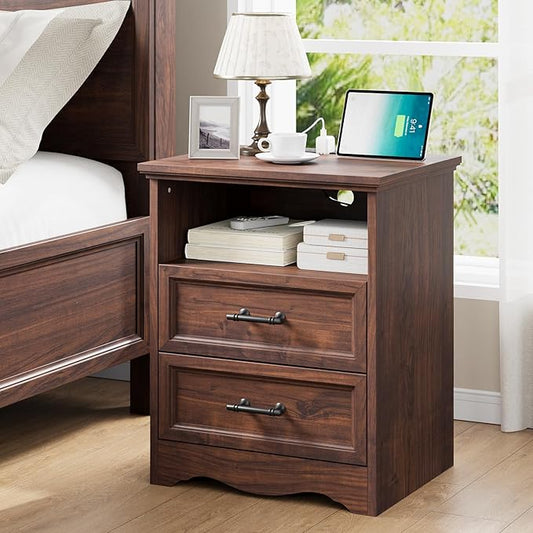 Walnut Nightstand with Charging Station, Farmhouse End Table with 2 Drawers and Open Shelf, Bedside Table with Space-Saving Storage Cabinet, Unique Base Design for Bedroom, Living Room
