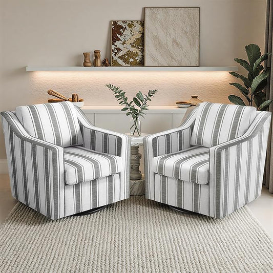 Pia Ricco Set of 2 Oversized Modern Striped Fabric Swivel Accent Chairs with Removable Covers, Living Room Reception Set