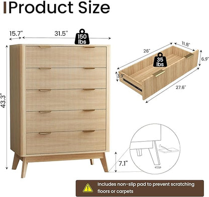 SUNWAVE Fluted 5 Drawer Dresser for Bedroom, 43.3" Tall Dressers with Round Corner, Mid-Century Modern Wood Chest for Living Room, Entry