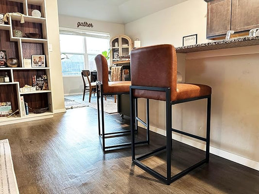 ALPHA HOME 24 Inch Bar Stools Set of 2, Kitchen Counter Stools with Backs, PU Leather Barstools, Kitchen Stools with Back&Upholstered Footrest, Sturdy Chromed Metal Steel Frame, Brown