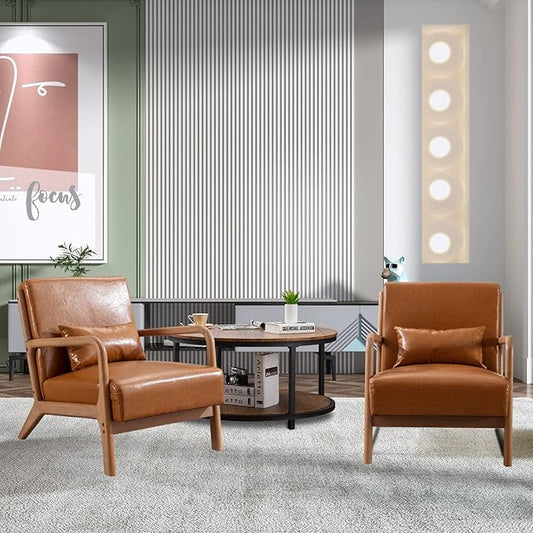 ANJHOME Mid Century Modern Accent Chairs Set of 2, PU Leather Reading Chair with Solid Wood Frame, Easy Assembly Armchair for Living Room