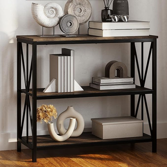 Lavish Home 3-Tier Industrial Bookshelf - Freestanding Open Bookcase for Home or Office Organization and Storage - Book Organizer (Brown Woodgrain)