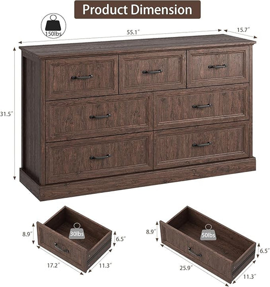 Farmhouse 7 Drawer Dresser for Bedroom, 55 Inch Wide Modern Brown Dresser TV Stand with Large Drawers & Bar Handles, Rustic Wood Chest of Drawers for Bedroom