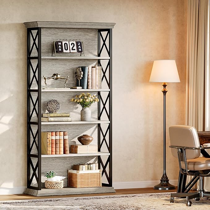 Tribesigns 71-Inch Tall Bookcase, 5-Tier Industrial Metal Bookshelf, Large Etagere Bookcases and Bookshelves, Freestanding Display Shelves for Living Room, Bedroom, Gray and Black