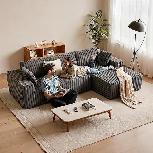 Apicizon 113" Modular Sectional Couch for Living Room, L Shaped Sectional Sofa Couch with Deep Seat, 3 Seat Boneless Sofa with Chaise Longue for Apartment，No Assembly Required (Plush Corduroy Gray)