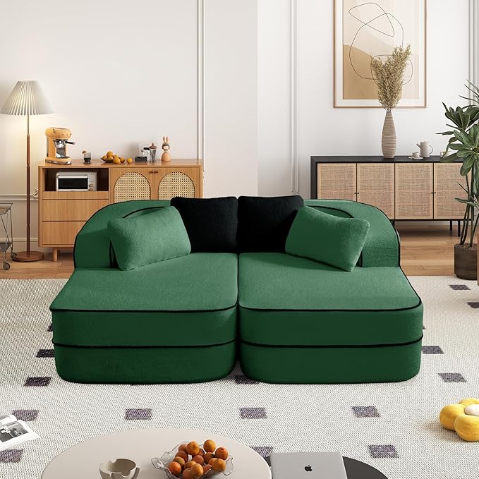 Cloud Sectional Sofa Modern Boneless Couch for Living Room, Comfy Deep Seat Comfy Teddy Fabric Double Sofa Chaise No Assembly Required (Green, 77.2" Double Chaise Lounge)