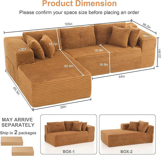 Modular Sectional Sofa, L Shaped Comfy Cloud Couch with Deep Seat, Boneless Couch for Living Room, Modern Sectional Sleeper with Chaise, No Assembly Required, Sofa in A Box, Brown Corduroy
