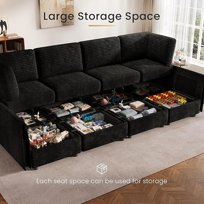 KKL Modular Sectional Sofa Bed with Storage Ottoman, Convertible L/U/J-Shaped Sleeper Couch Plush Wide-Wale Corduroy for Living Room, Apartment, Modern Design, Black