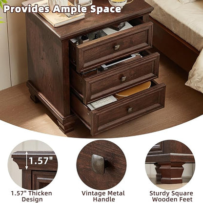Farmhouse Nightstand Set of 2, Rustic Couch End Table with 3 Drawers & 4 Square Solid Wood Legs, Vintage Bed Side Table with Storage, Small Dresser for Bedroom, Living Room, Walnut