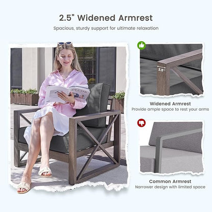 UDPATIO 5 Piece Aluminum Patio Furniture Set Faux Wood Grain Modern Outdoor Furniture Set with 6" Olefin Fabric Cushions and Coffee Table, 600D Waterproof Cover Included, Dark Grey