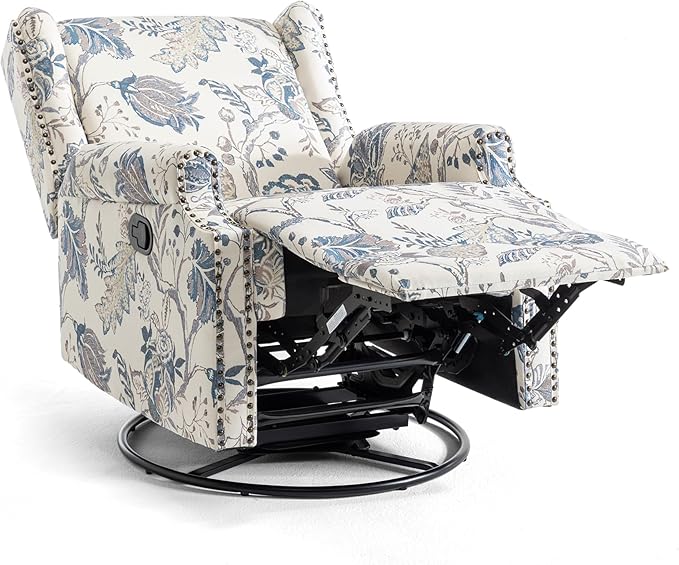 UIXE Swivel Rocker Manual Recliner Chair, Wingback Swivel Glider Fabric Nursery Reclining Sofa Chair, High Back Upholstered Arm Chair for Living Room Bedroom - Blue Plants