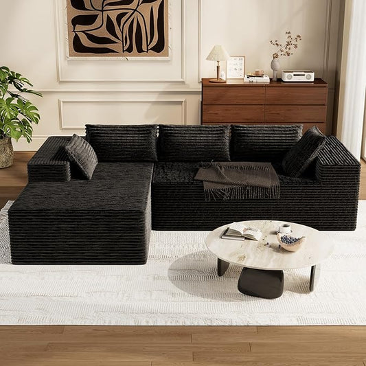 Kingdura 105.5'' Cloud Sectional Couch with L-Shape Chaise, Black Modern Modular Sofa with Deep Seat, Corduroy Fabric, No Assembly Required, Upholstered Couches for Living Room Bedroom