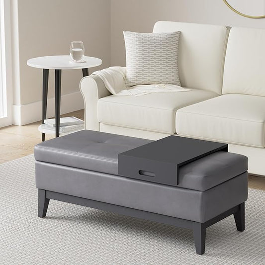 SIMPLIHOME Oregon 42 inch Wide Contemporary Rectangle Storage Ottoman Bench with Tray in Stone Grey Vegan Faux Leather, Assembled, For the Living Room, Entryway and Family Room