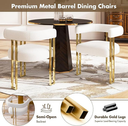 Set of 6 Modern White Boucle Dining Chairs with Gold Metal Legs, Mid Century Accent Upholstered Barrel Armchairs with Open-Back for Kitchen, Dining Room, Living Room, Apartment