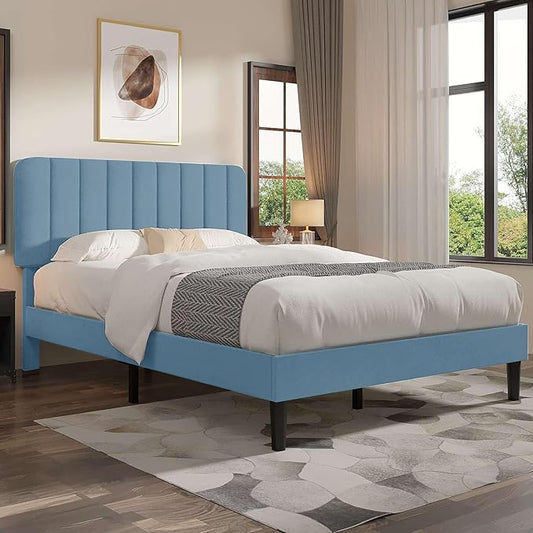 VECELO Queen Size Bed Frame with Upholstered Headboard, Velvet Platform Bedframe Mattress Foundation, Strong Wood Slat Support, No Box Spring Needed,Sky Blue