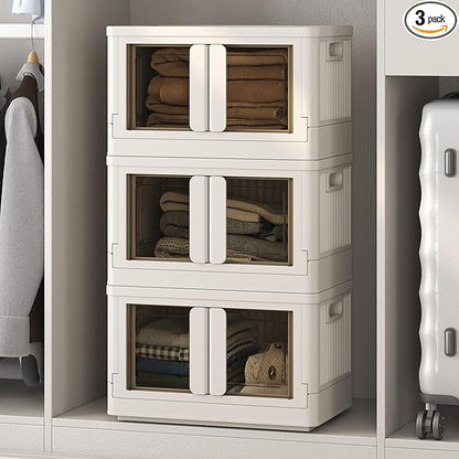FLEXIMOUNTS 110 QT Stackable Storage Bins With Lids, Collapsible Plastic Storage Bins With Doors and Built-in Wheels For Home Dorm Closet Organizers and Storage, 3 Pack Cubes, Milky White