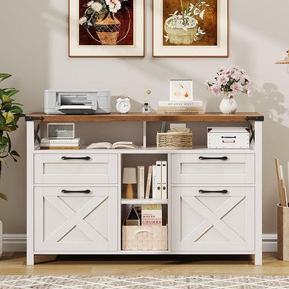 Filing Organization Storage Cabinets 4 Drawer with Adjustable Shelf, Lateral Filing Cabinet with Open Storage Shelf for Home Office, Farmhouse File Cabinets for Hanging Files Letter/A4.White