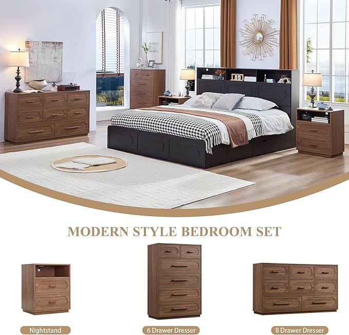 Walnut Night Stand with Charging Station, 21.7" Wide Wood End Table with 2 Storage Drawers, Open Shelf & Unique Base, Mid Century Modern Bedside Table for Bedroom, Living Room, Walnut