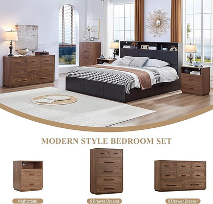Walnut Night Stand Set of 2 with Charging Station, 25.8" Tall Wood End Table with 2 Storage Drawers and Open Shelf, Mid Century Modern Bedside Table for Bedroom, Living Room, Walnut