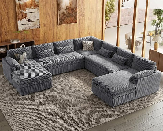 Belffin Large Modular Sectional Sofa with Double Deep Chaise and Loveseat, Corduroy U Shape Couch with 9" Soft Dual-Layer 9 Seats Cushion for Living Room, Apartment, Light Grey
