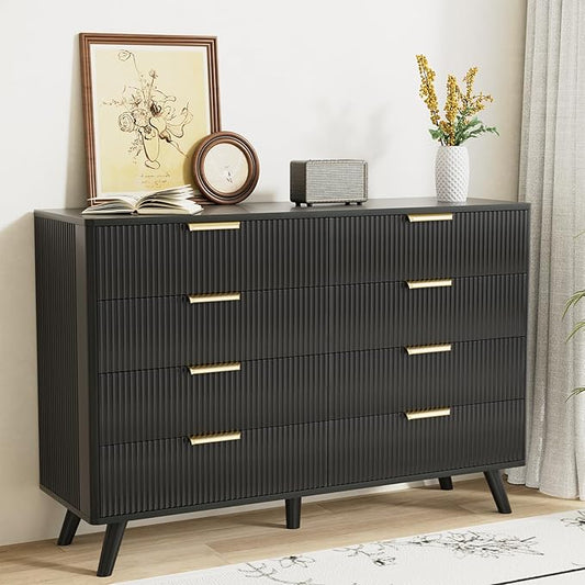 Black Fluted 8 Drawer Dresser for Bedroom, Chest of Drawers with Solid Wood Legs, Modern Dresser Chest Cabinet Organizer with Golden Handles, Beside Table for Closet,